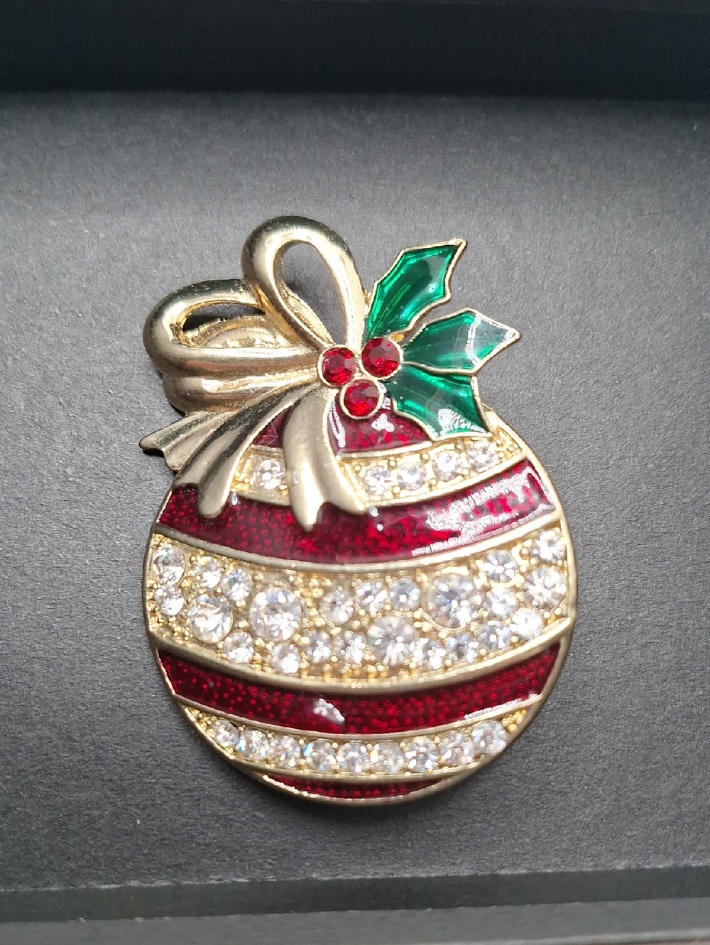 Gold-Tone Red Crystal Holly Ornament Brooch